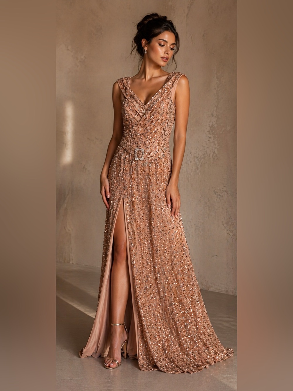 NWT Faeriesty Gold Sequin Gown Maxi Dress Slit Formal Prom Wedding Guest Size L‎